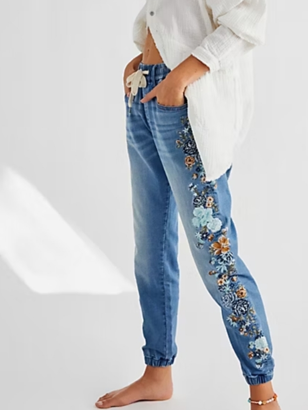 Free People Driftwood Denim Embroidered Joggers - Picture 3 of 7